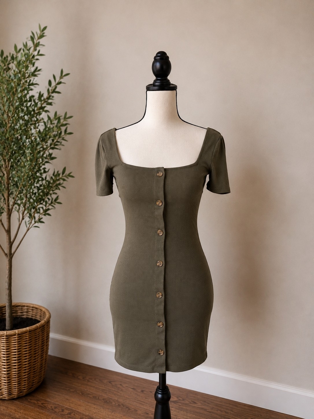 H&M Square-Neck Button-Front Bodycon Dress Small